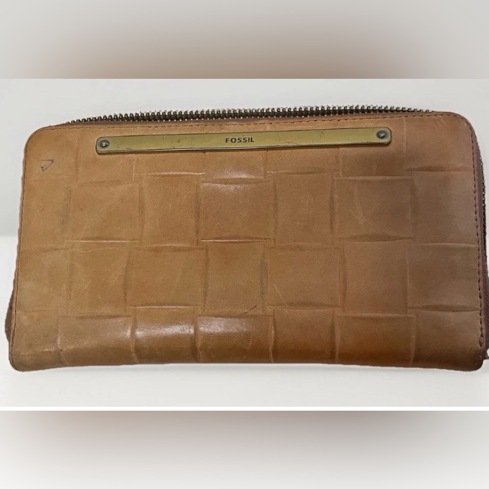 FOSSIL Brown Weave Imprint Leather Zip Around Clutch Wallet